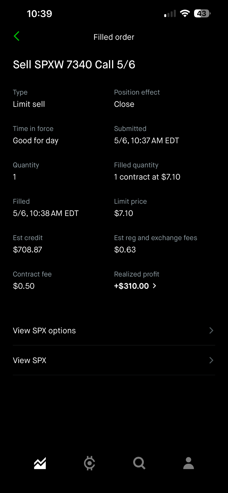SPXW 7340C fill — +$310