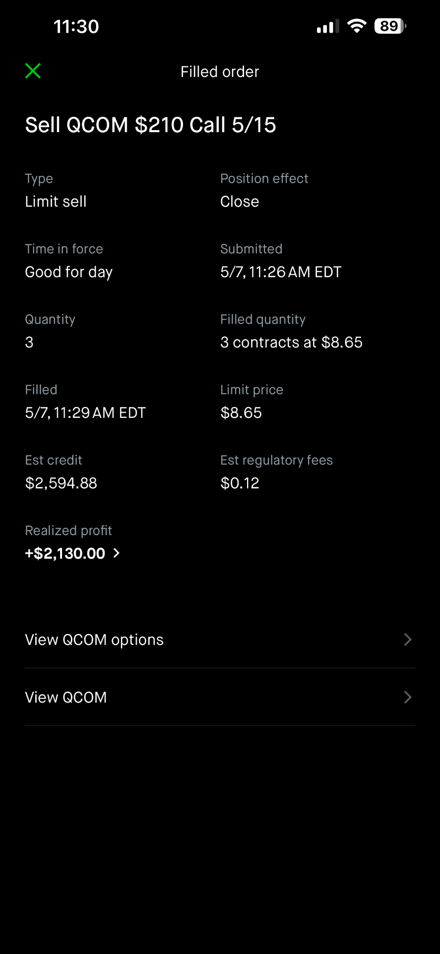 QCOM $210C fill — +$2,130